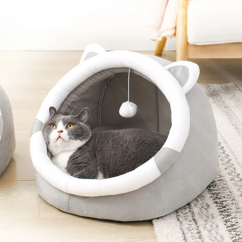 Bed with Teaser Ball Nest Pet House Thicken Cushion Sleeping Bed Antislip Kitten Warm Half Enclosed Bed