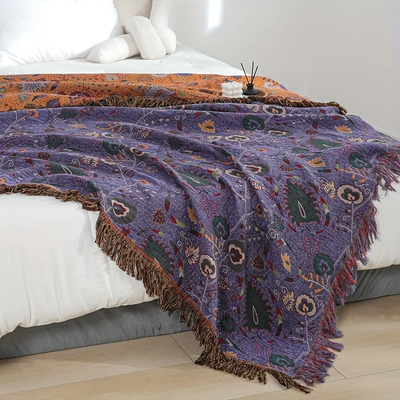 Vintage Floral Jacquard Throw Blanket - Machine Washable All-Season Sofa Bed Cover for Living Room Bedroom Couch Decor