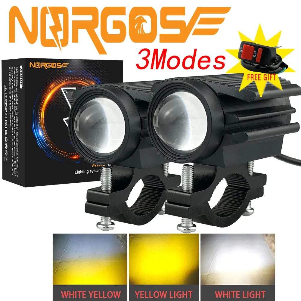 

(NORGOS 3Modes) 2Pcs Auxiliary Motorcycle Spotlight Headlight LED Fog Light Lamps 12V 24V Work Light Led Pods