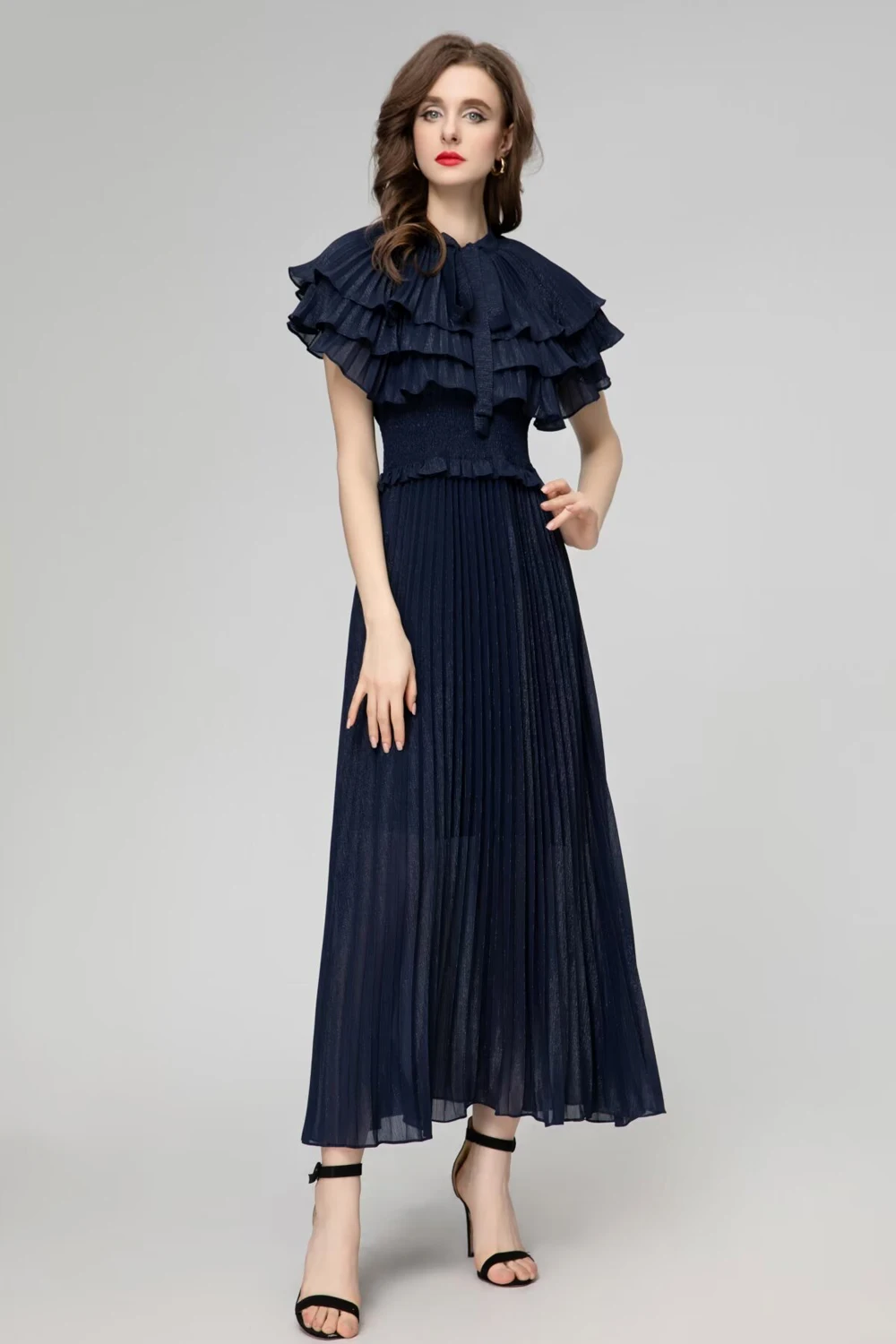 Mulheres Babados Plissados Vestido Elástico na Cintura, Vestidos de Passarela, O-Gola, Camadas, Moda, Designer, Festa, Formatura