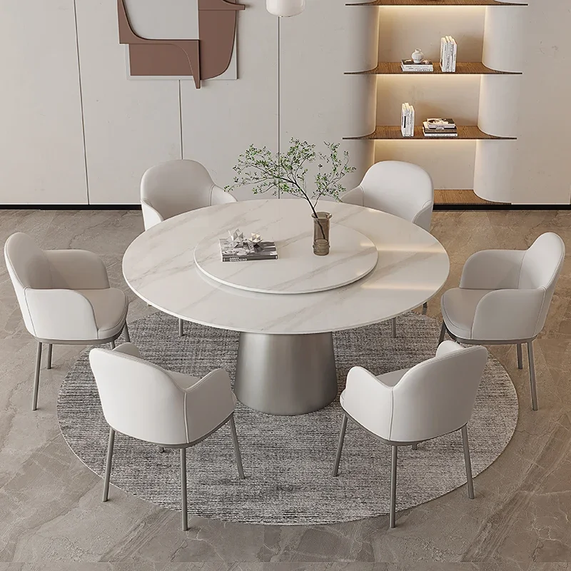 

Italian very simple rock plate round table with turntable modern round dining table and chair combination small household