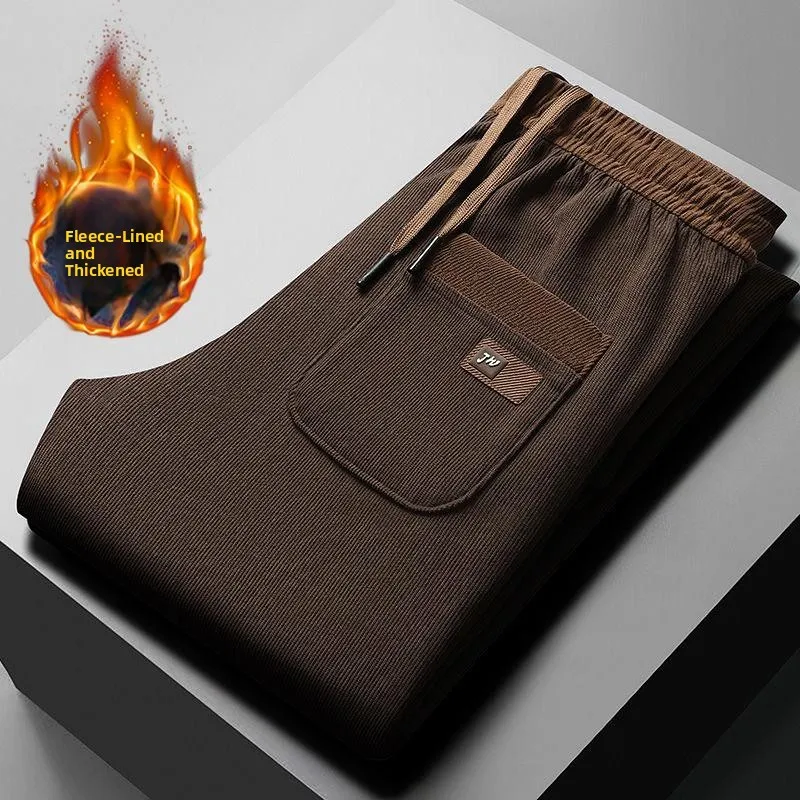 

Thiened Fce Men's Casual Pants Straight Leg Warm Winter Trousers Korean Sle Outerwear Snowy Chiffon Loose Fit