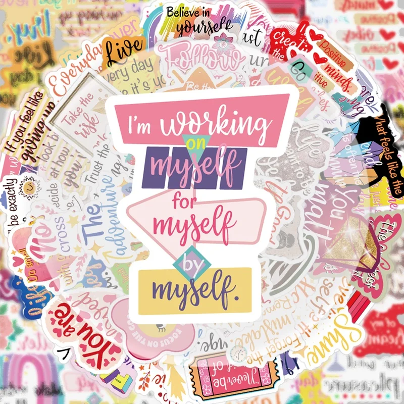 50 Inspirational Text Stickers, Vibrant Stickers and Decals, Multiple Styles Without Duplication, Suitable for Water Bottles, Laptops, Suitcases, Skateboards, Guitars, Party Decorations