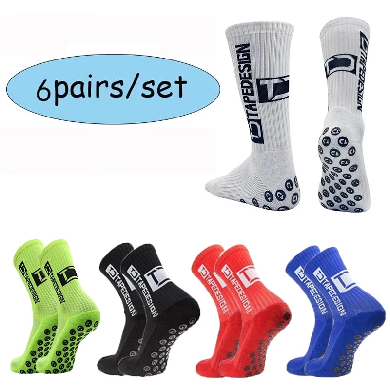 6Pairs/Lot 2023 New ANTI SLIP Tapedesign Football Socks Mid Calf Non-Slip Soccer Sport Cycling Sports Mens Sock EU38-45