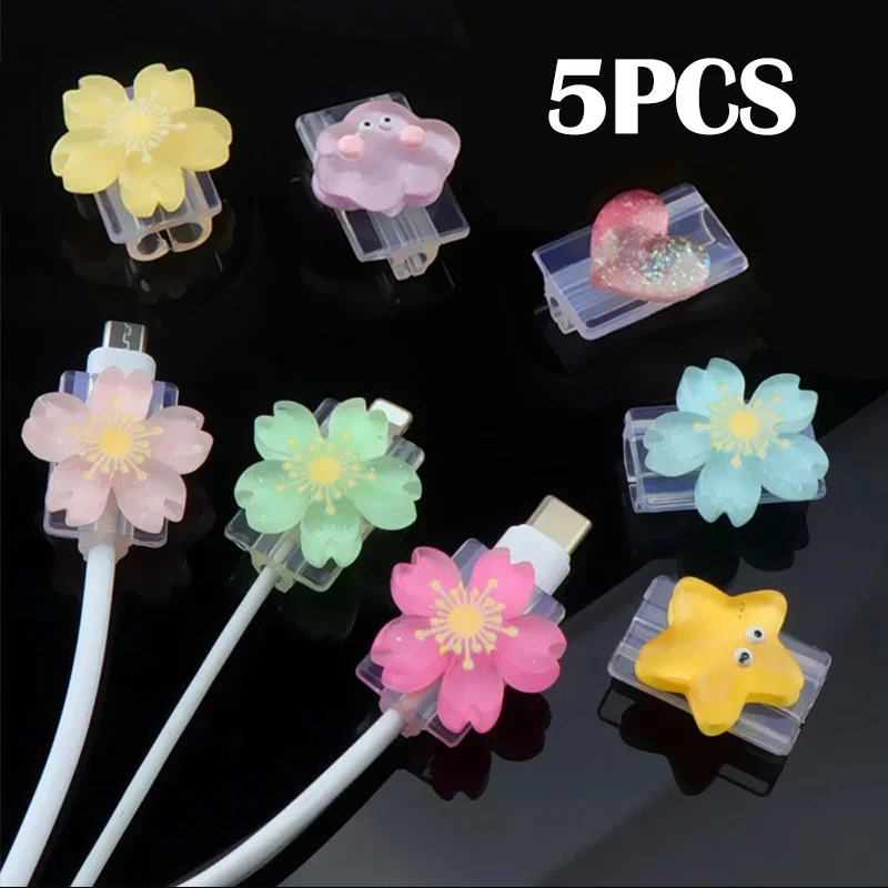 1/5Pcs USB Charger Cable Protector Data Line Cord Case Colorful Kawaii Flowers Soft TPU Cover for iPhone Android Type-C Charging