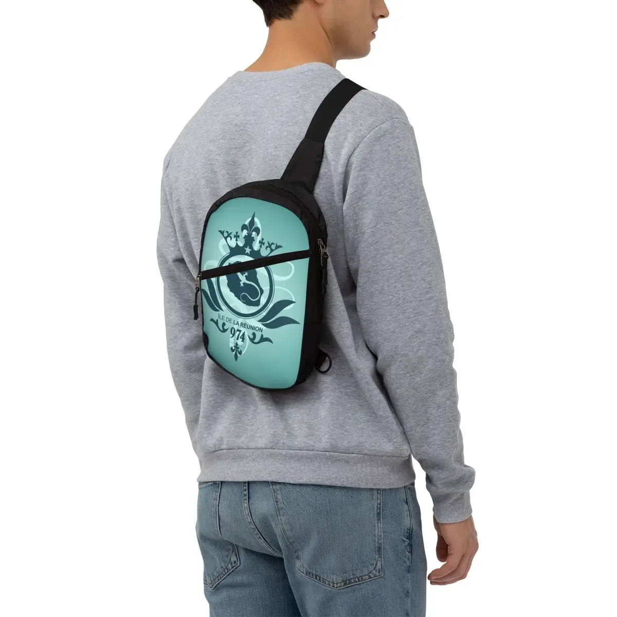 Custom 974 Reunion Island Turquoise Pattern Sling Bag for Men Fashion Shoulder Crossbody Chest Backpack Traveling Daypack