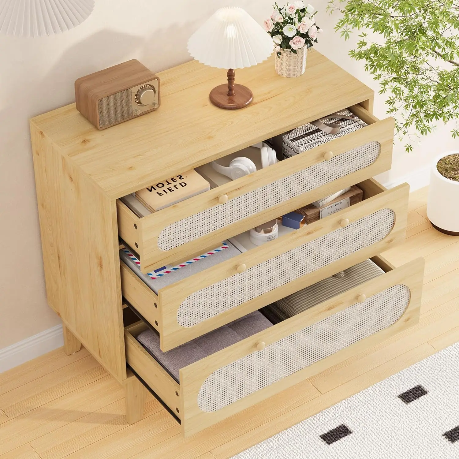 Cassettiera grande con 3 cassetti portaoggetti in rattan per camera da letto, cassettiera moderna naturale con kit antiribaltamento in legno, cabina portaoggetti in rattan