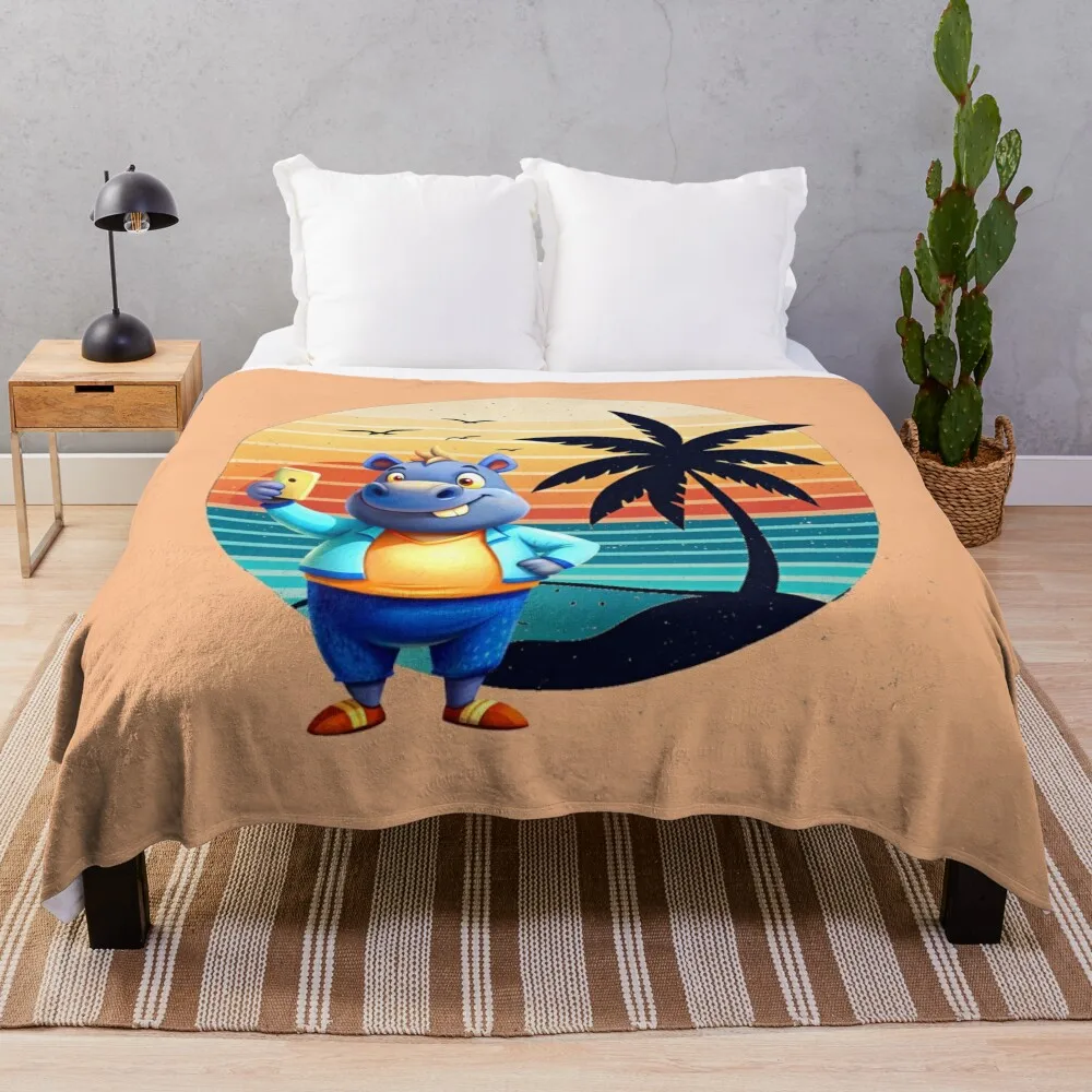 

Hippo Selfie on Tropical Beach - Cute Summer Fun Throw Blanket Personalized Gift Sleeping Bag Cute Plaid Blankets