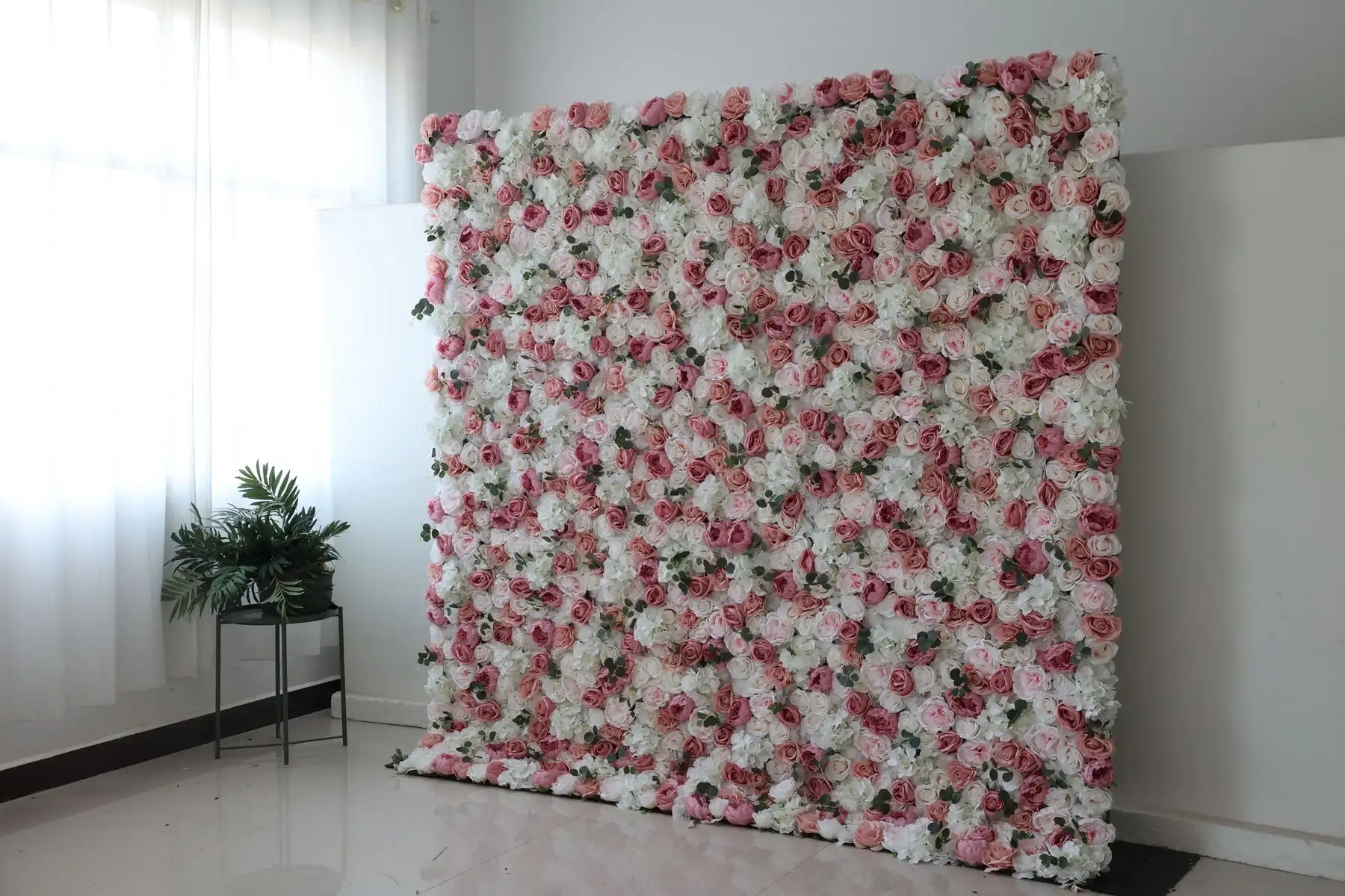 Mixed Flower Series 3D Pink Rose White Hydrangea green leaf artificial flower wall Roll fabric Birthday party wedding background