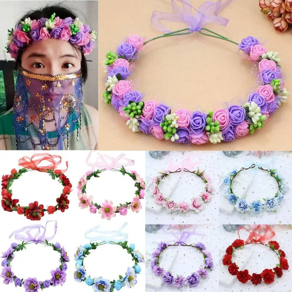 Hand Woven Flower Crown Silk Rose Flower Vintage Elegant Flowers Headband Adjustable Ribbon Floral Wreath Bridal Accessories