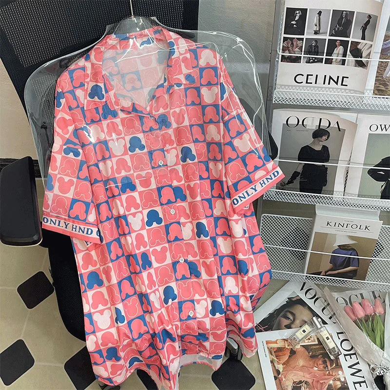 Chemise de nuit d'été à motif de dessin animé Disney Mickey pour femmes, chemise fine et ample, jupe rose, cardigan à manches courtes, vêtements de détente décontractés