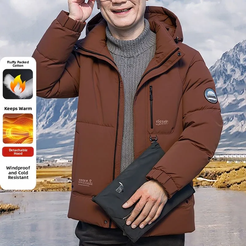 

Утепленная повседневная хлопковая куртка для мужчин, зимнее деловое/повседневное пальто с отстегивающимся капюшоном, ветрозащитная теплая одежда для отцов, 2025