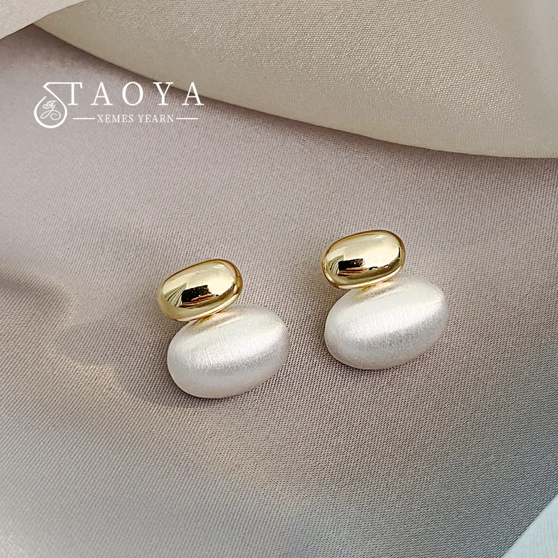 

New Design Gold Splice Silver Color Oval Beans Metal Brushed Pendant Earrings For Women Fashion Jewelry Party Luxury Accessories