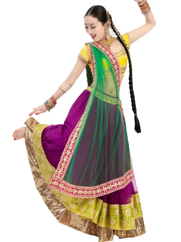 Indisches Tanzset führt Kleid aus, doppellagig, große Schaukel, Bühnenkostüm, Bollywood-Stil, weibliche Kleidung