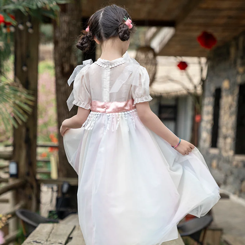 Improved Ancient Costume Baby Hanfu super fairy embroidered princess skirt spring little girl bubble sleeve one year old dress