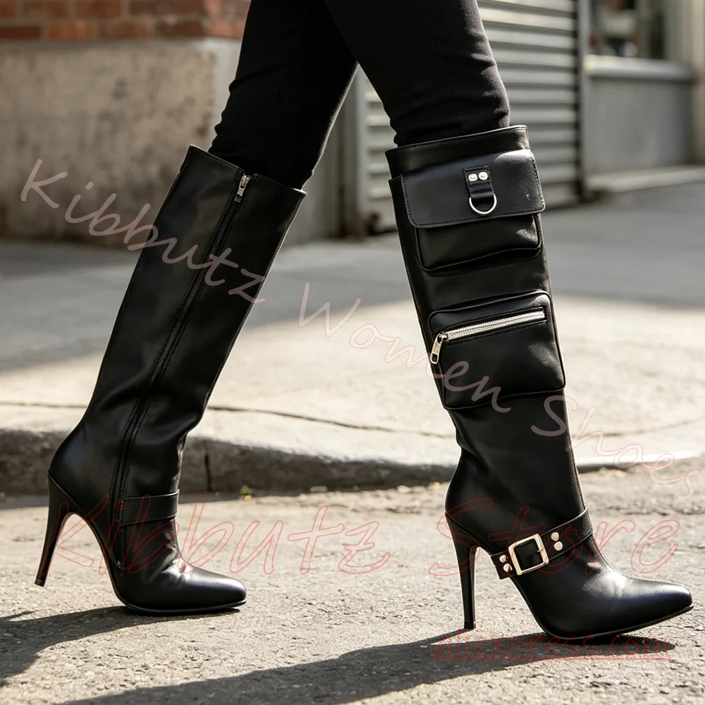 Knee High Boots Multi Pocket Pointed Toe Stiletto Buckle Strap Side Zipper Utility Punk Fashion Footwear Solid Color Elegant New
