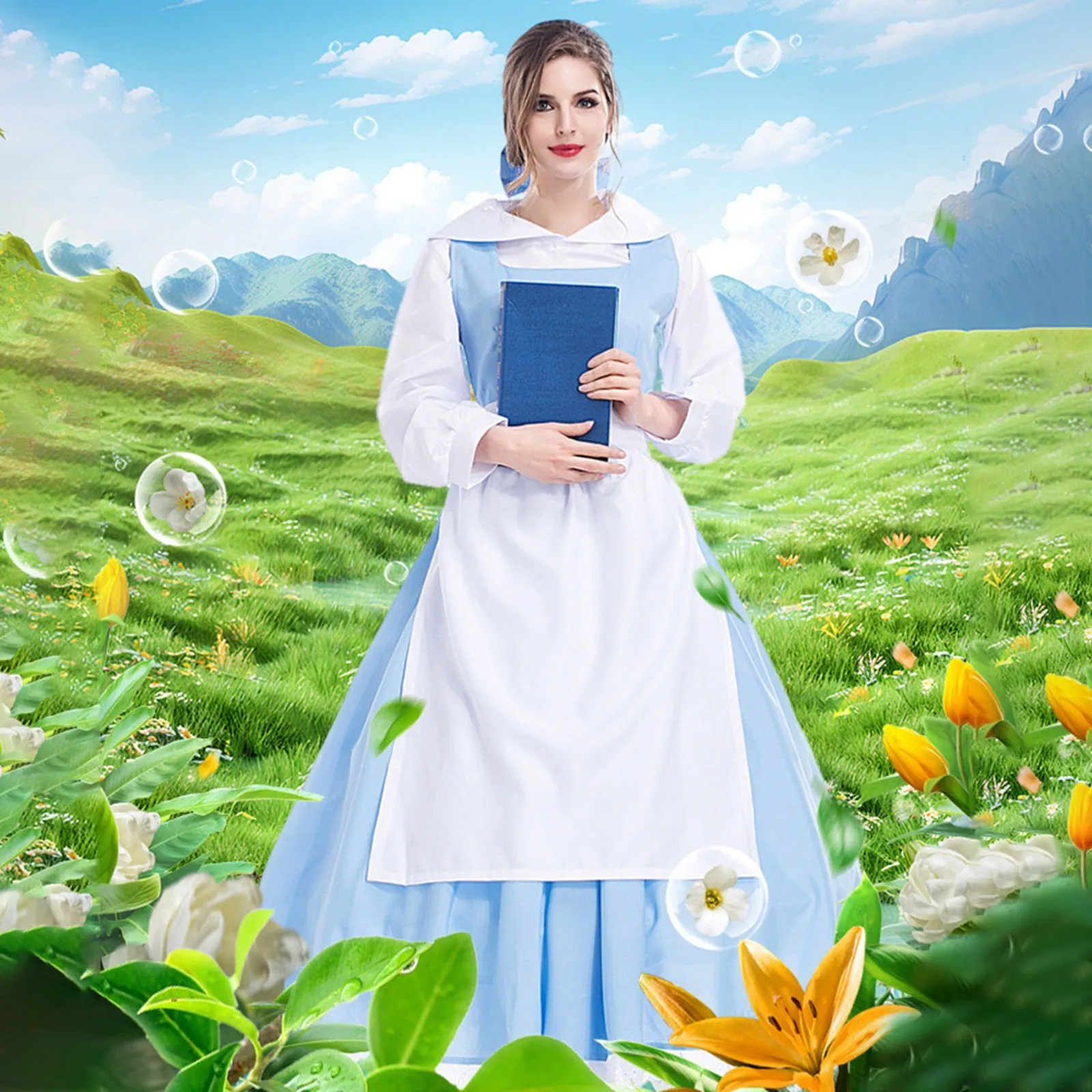 

2025 г., женское сине-белое платье горничной в стиле аниме на Хэллоуин, косплей, средний элегантный костюм, карнавальный наряд для вечеринки в честь Пурима, комплект женских платьев