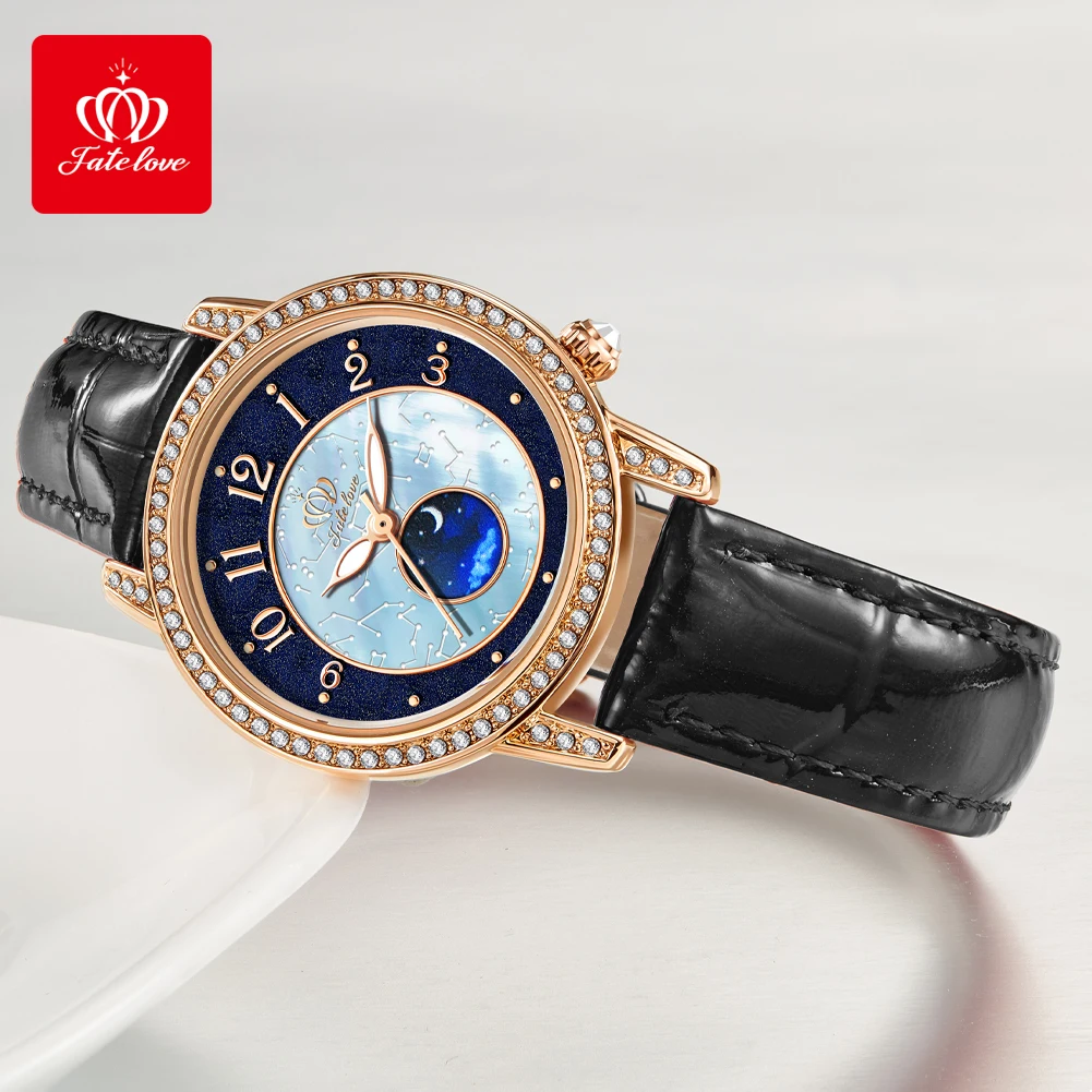 FATELOVE 825 Women\'s Watches Elegant Fashion Small Quartz Watch for Ladies Waterproof Luminous Leather Strap Diamond bezel