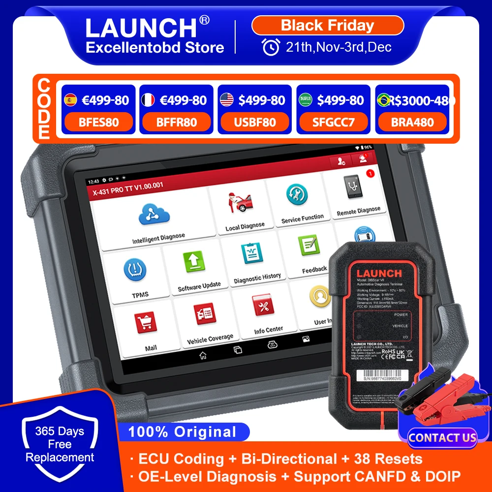 LAUNCH X431 PRO TT Full System Diagnostic Tool OBD2 Scanner ECU Coding Active Test 38 Resets Support CANFD DIOP 2 Years Free