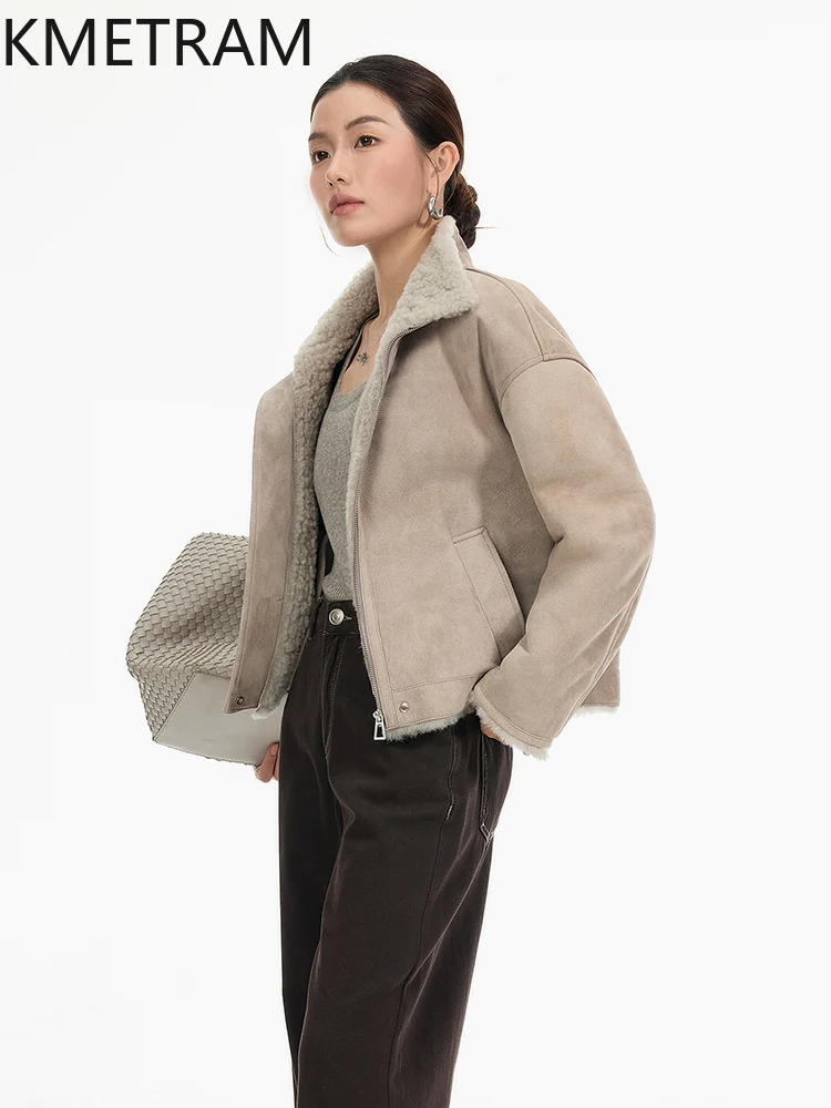 Damska krótka kurtka z prawdziwego futra z naturalnej wełny merino i owczej skóry, dwustronna, zimowa kurtka skórzana, odzież damska 2025 шуба