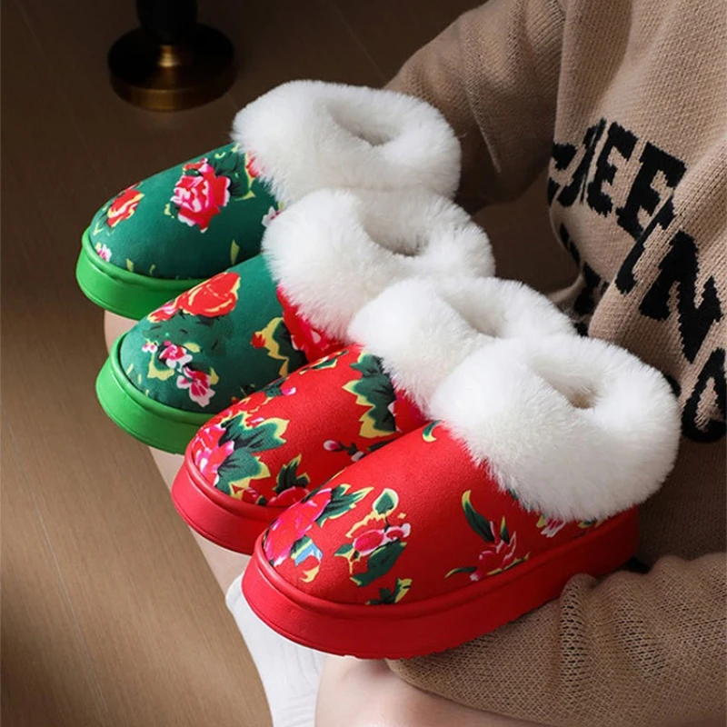 Chinese Floral Cotton Slippers Winter Warm Non Slip Fleece Lined Thick Sole Indoor Outdoor Red Cotton Shoes Household Goods