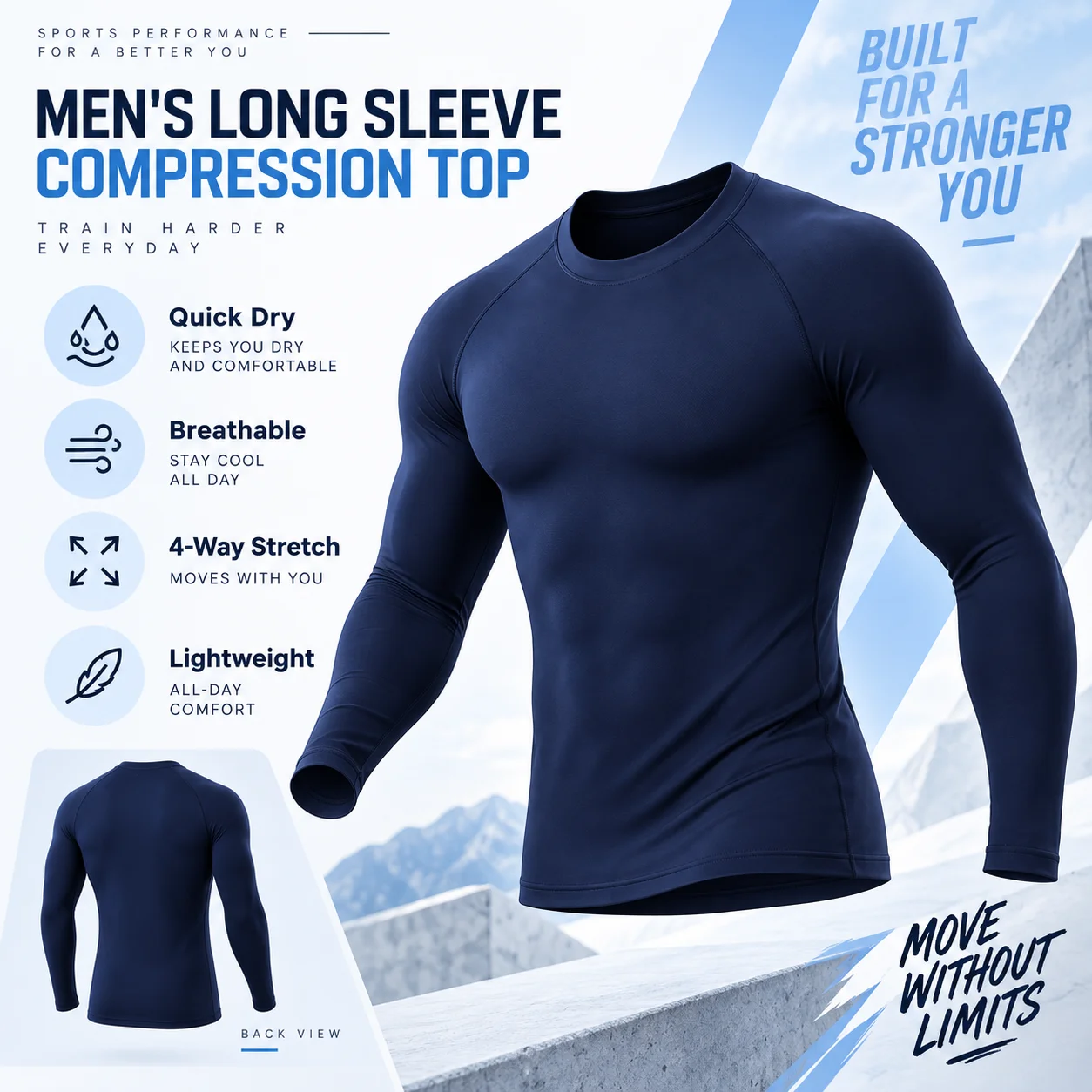 Men's Long Sleeve Compression Shirt Quick Dry Breathable Stretch Fit Running Gym Workout Fitness Base Layer Sports Top