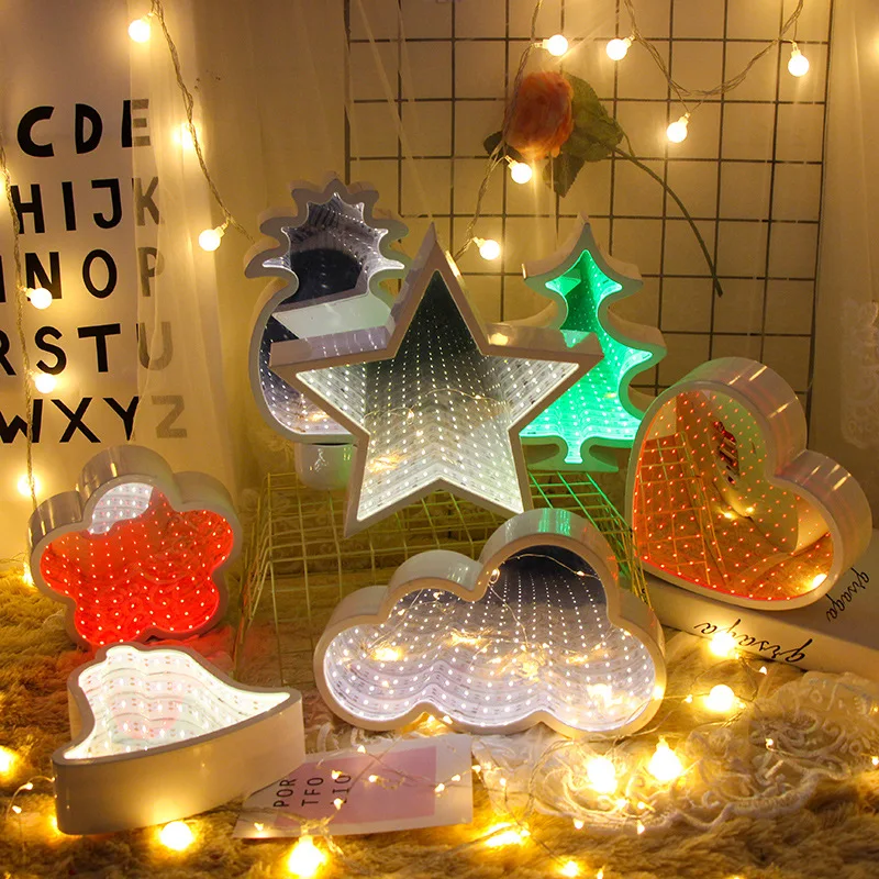 3D Mirror Lights Bells Christmas Tree Pentagram Love Night Light Infinity Creative LED Mirror Tunnel Lamp for Kids Baby Toy Gift