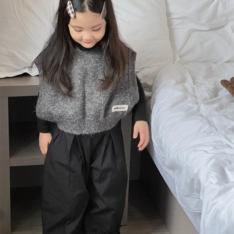 Girls Gray Vest Children 2024 New Autumn Collection Fashion Simple Casual Top Korean Simple Style Fashion Vest Girls Top