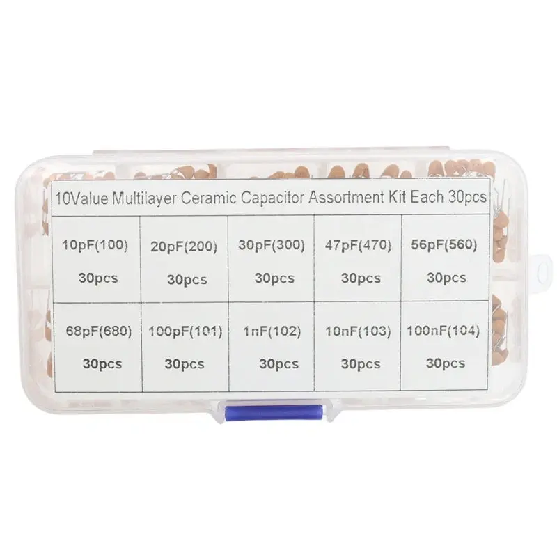 300pcs 10value 50v 10pf 20pf 30pf 47pf 56pf 68pf 100pf 1nf 10nf 100nf Multilayer Ceramic Capacitor Assortment Kit