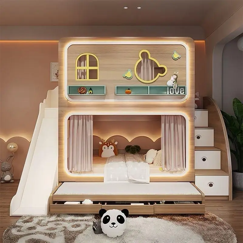 

!@New Design Children Bunk Bed Multifunctional Bunk Bed Set Bedroom Furniture Cream Color Mother and Baby Bed with Slide