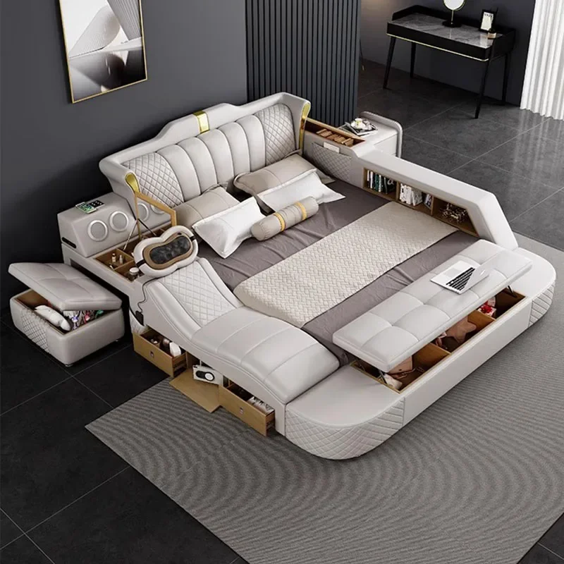 

Pretty Luxury Modern Double Bed Storage Elegant Massager Italian Villa Double Bed Princess Adults Cama Multifuncional Furniture