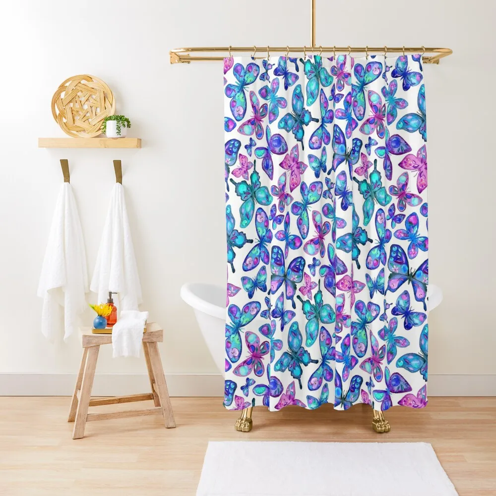 

Watercolor Fruit Patterned Butterflies - aqua and sapphire Shower Curtain Anime Shower Modern Showers For Bathroom Curtain
