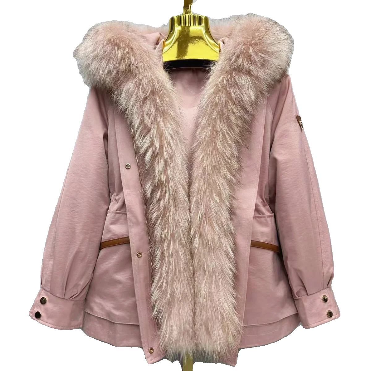 

Pink Parkas for Women Hooded Removable Rex Rabbit Liner Fur Overcoat High Quality Autumn Winter Warm Wadded Coat Raccoon Fur