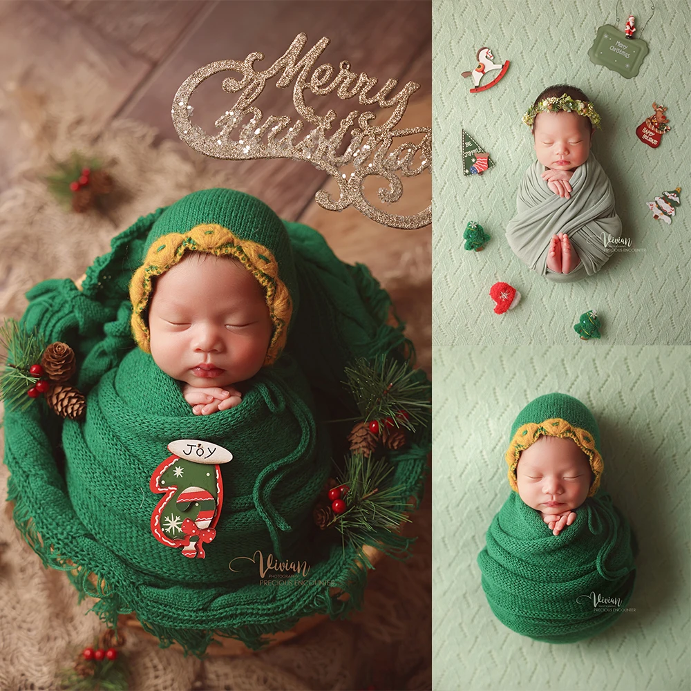 

Baby Photography Props Christmas Collection Green Knitted Wrap Cloth+hat Xmas Decor Props Ideal for Infant Festival Photo Shoots