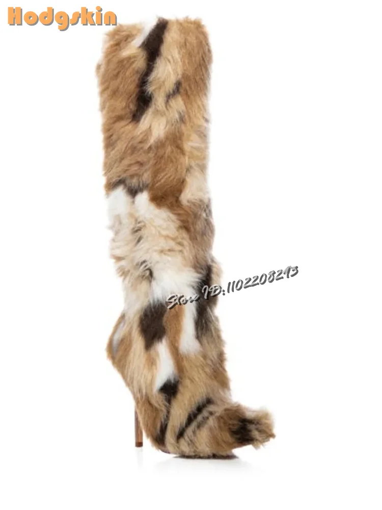 Retro Patchwork Faux Fur Boots Pointed Slip-on Knee-high Boots Multicolored Brown Stiletto Fashion Shoes 2025 Autumn New Women