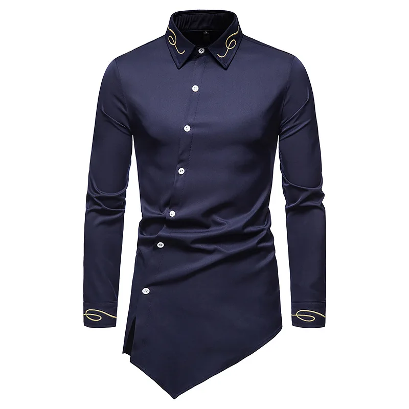 Oblique Button Shirt Men Western Cowboy Embroidery Shirt Mens Slim Fit Long Sleeve Chemise Homme Streetwear Casual Shirts XXL