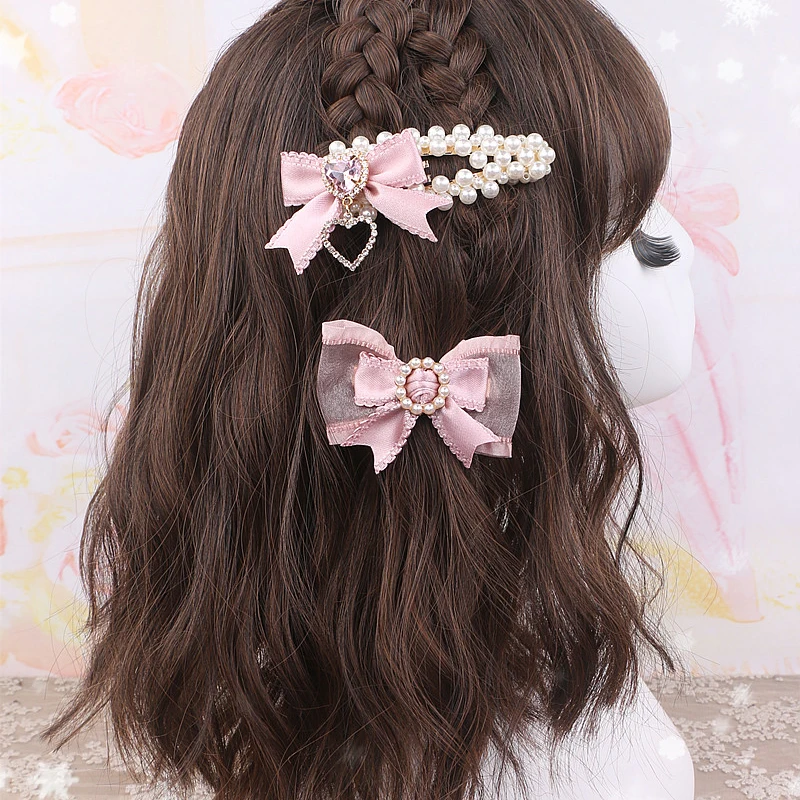 1 زوج حساسة لوليتا دبوس الشعر Larme كي اللؤلؤ القوس المشابك حجر الراين الحب القلب دبابيس الشعر الجانب كليب إكسسوارات الشعر