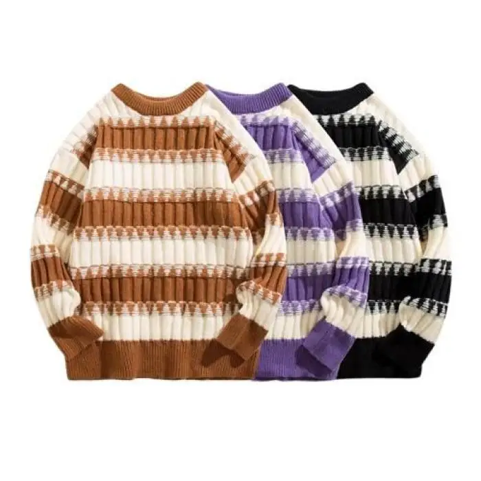 

Цветная блузка в полоску, свободный крой, круглый трикотаж для мужчин и женщин, осень-зима, повседневная верхняя одежда для пар, американская мода для отдыха