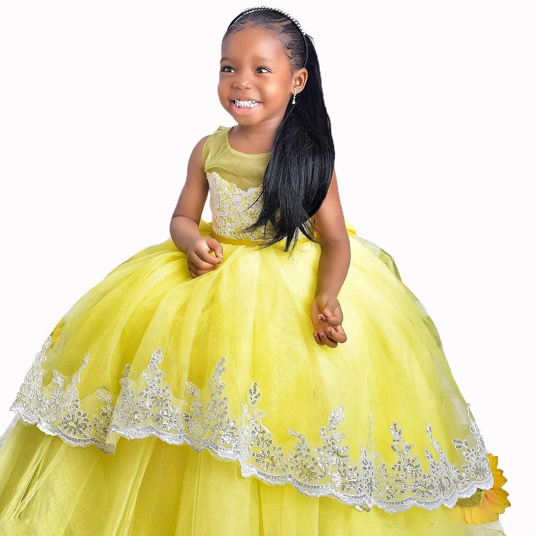 Yellow Flower Girl Dresses Kids Sheer Neck Tiered Tulle Lace Princess Pageant Dress Toddlers First Communion Wedding Party Gowns