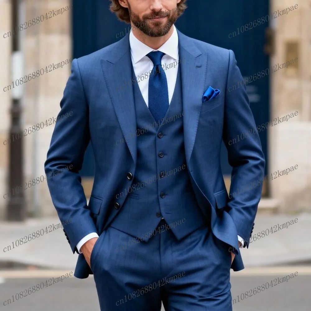 

Dark Blue Men Suits Formal Groom Groomsman Wedding Party Prom Business Male Tuxedos Customize 3 Piece Set Blazer Vest Pants