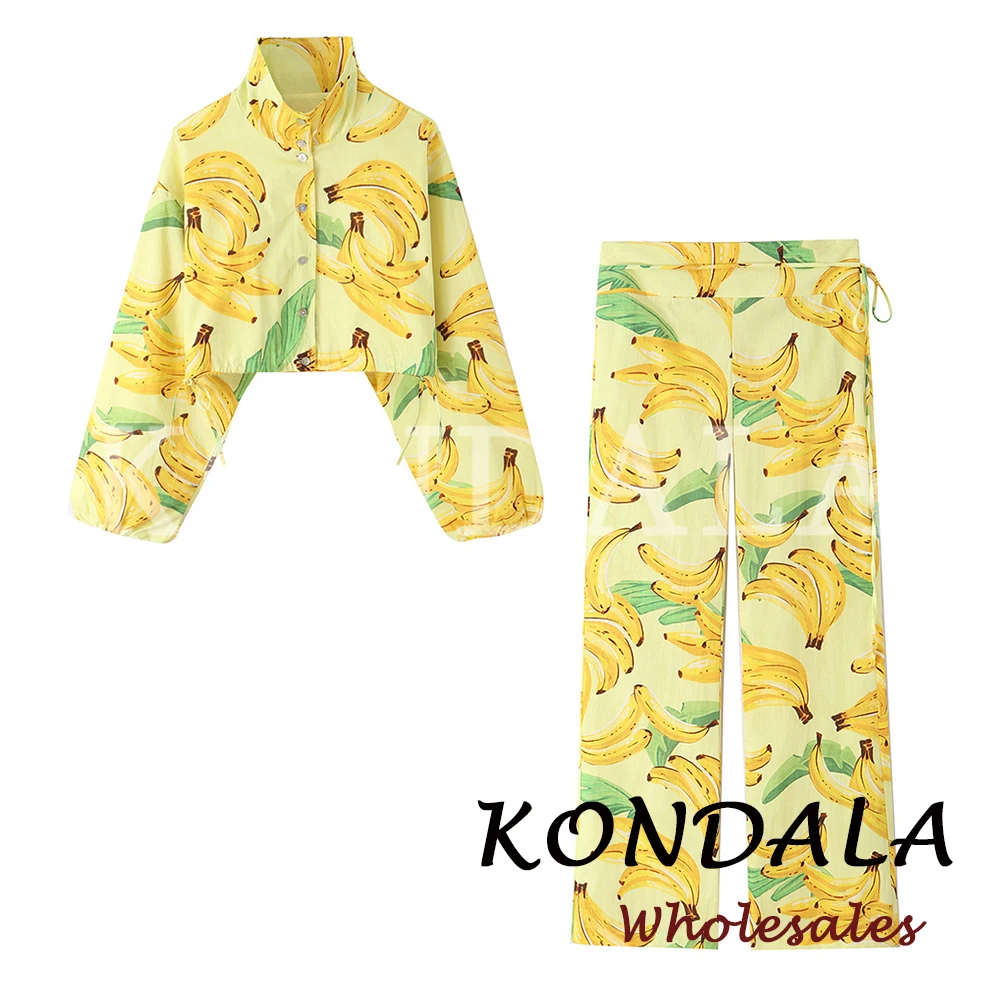 

KONDALA Chic Women Fruit Print Banana Casual Spring Suit Single Breasted Shirt+Lace-up Long Pants Fashion 2026 Yellow Mujer Suit
