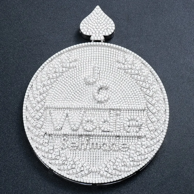 Iced Out J C Wodie Personal Initials Pendant | Spade Top Round Design in CZ & Moissanite, Customized Name Jewelry
