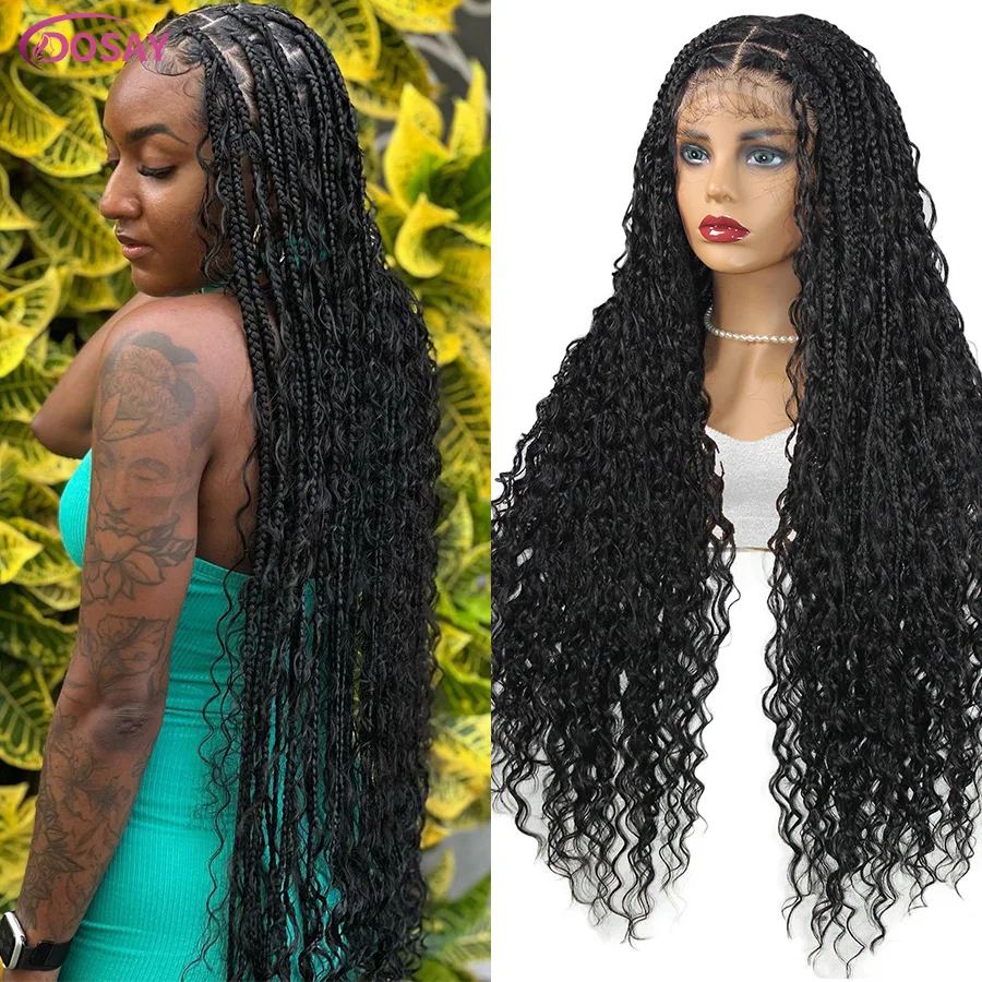 32Inch Synthetic Braided Wigs Full Lace Boho Cornrows Braids With Curly Ends Locs Goddess Knotless Box Braid Wig For Black Women