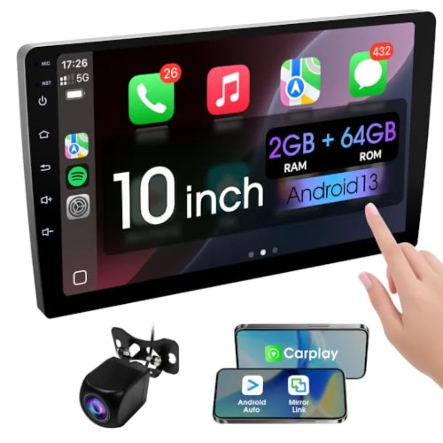

Car stereo for vehicle installation, ABS plastic, black, 10.1-inch HD touchscreen with wireless CarPlay, Android Auto, MirrorLi