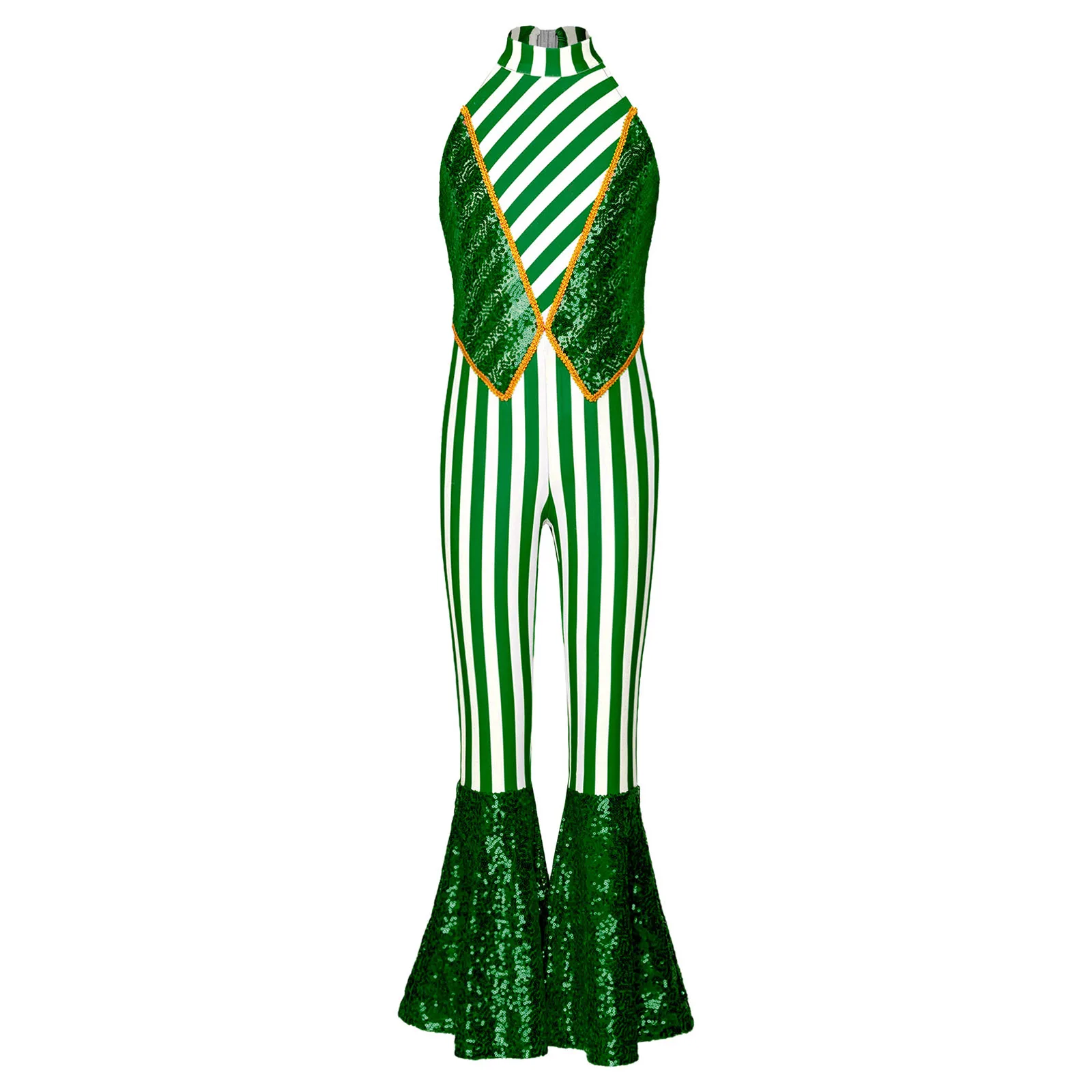 Kids Girls Christmas Candy Cane Striped Unitard Halter Backless Shiny Sequin Bell-bottom Jumpsuit Ballet Dance Gymnastic Leotard view 3
