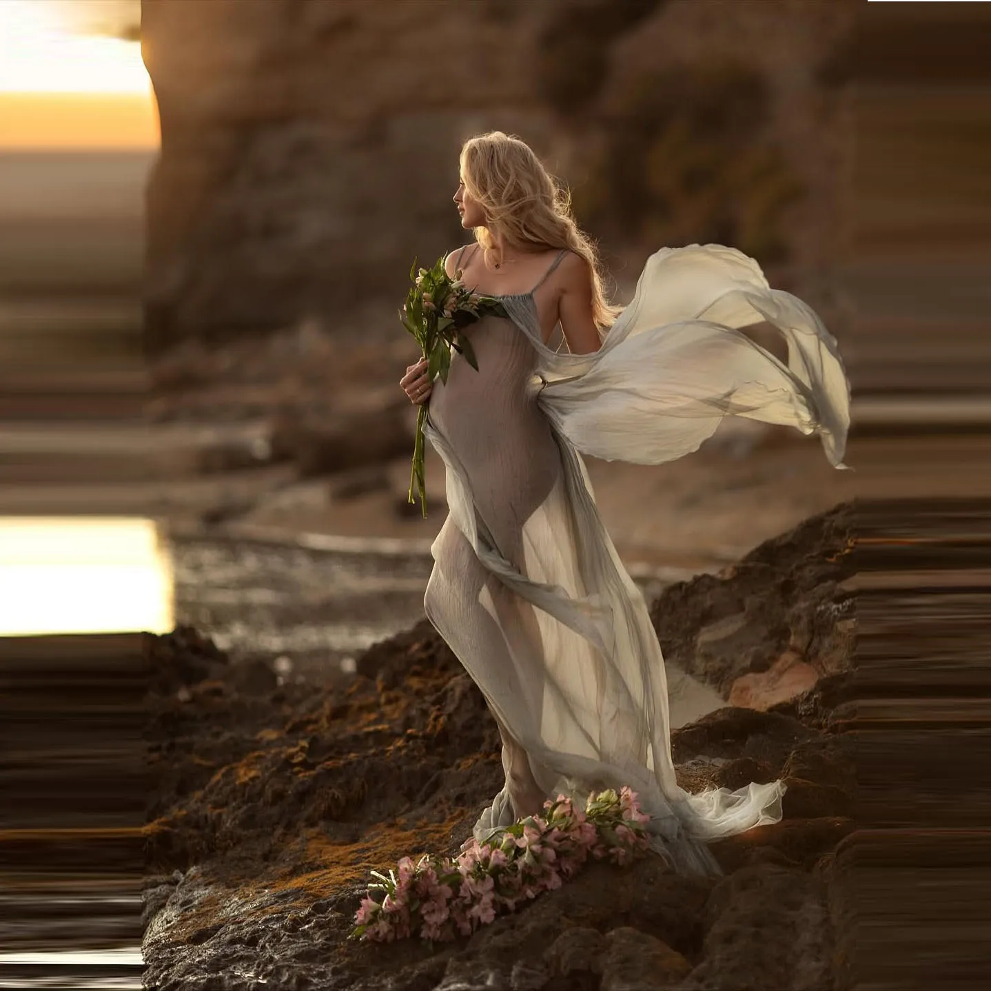 Elegant Backless Maternity Dress for Pregnancy Photo Shoot - Flowy Sheer Chiffon Maxi Gown in Dusty Blue, Boho Style Baby Shower