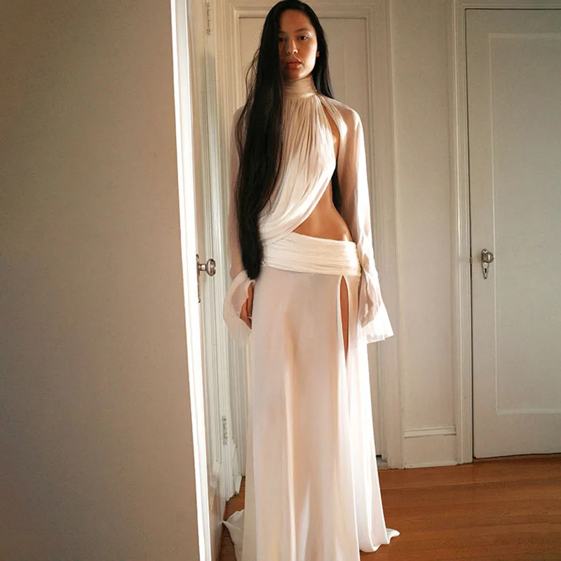 

Sexy Ruched Mesh Sheer Party Dress Sets Woman Two Piece Set Club Flare Sleeve Turtleneck Irregular Top and High Split Long Skirt