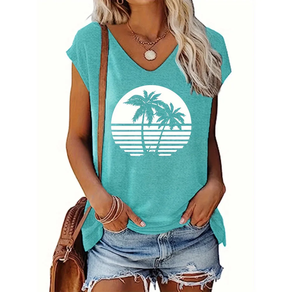 Summer Cool And Fashionable Coconut Tree Pattern Printed Women's V-neck Tank Top Casual Elegant And Breathable Beach Clothing