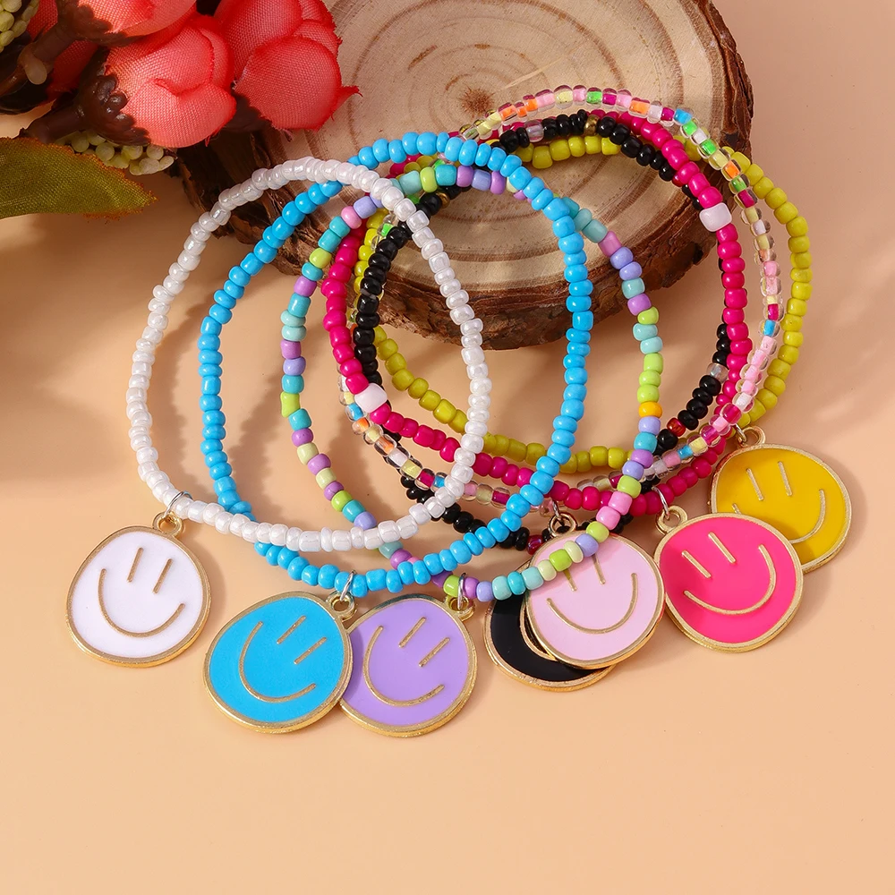 أيهوا-أساور مطرزة مرنة للنساء والفتيات ، سوار مصنوع يدويًا مع ابتسامة على الوجه ، مجوهرات صداقة ، 7 * #3