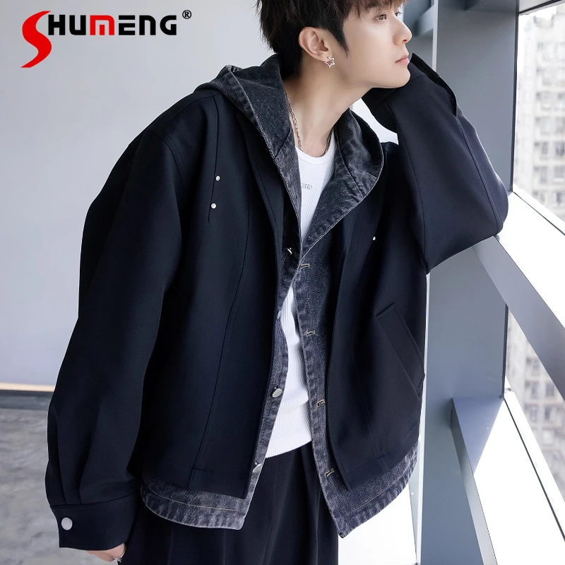 

Men's Fashion 2025 Autumn New Denim Faux Two-Piece Hooded Jackets Men's Versatile Trendy Denim Jackets Male Handsome Denim Coats